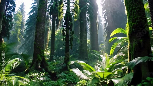 a lush green jungle filled with dense foliage, towering trees, and vibrant vegetation