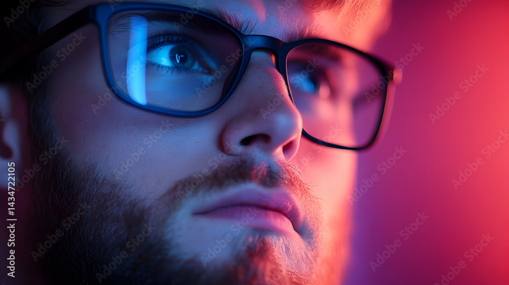 Close-up Portrait of a Young Man Wearing Glasses in Red and Blue Neon Light Close-up Portrait of a Young Man Wearing Glasses in Red and Blue Neon Light