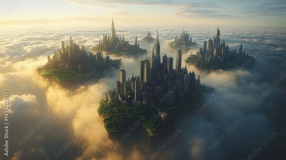 Floating island cities above clouds futuristic architecture Floating island cities above clouds futuristic architecture