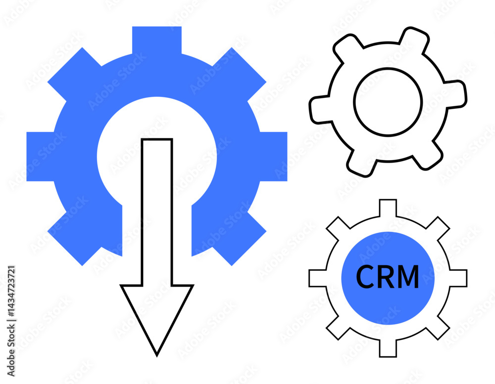 Blue gear with downward arrow highlighting process efficiency, alongside smaller wheels including one marked CRM. Ideal for automation, productivity, CRM systems, optimization, business strategy Blue gear with downward arrow highlighting process efficiency, alongside smaller wheels including one marked CRM. Ideal for automation, productivity, CRM systems, optimization, business strategy