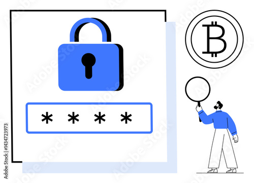 Lock symbol with password field, Bitcoin icon, and minimalistic user figure holding a circular object. Ideal for cybersecurity, blockchain, finance, encryption, data protection, authentication