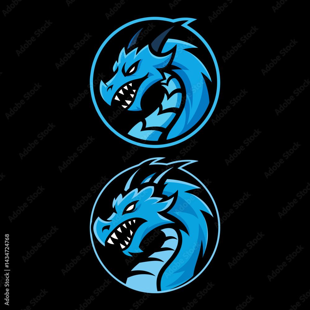 Fototapeta premium Set of Two Blue Dragon Head Esport Gaming or Fantasy Mascot Logos within Circles