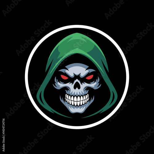 Dark Skull Esport Gaming Mascot Logo Illustration with Hooded Cloak and Red Eyes