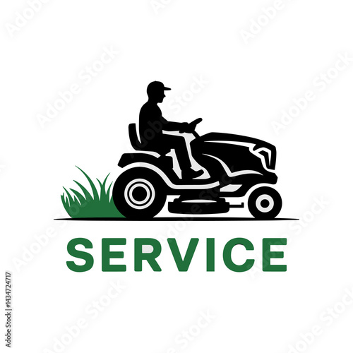 Simple Graphic Logo Icon of Person Riding a Lawn Mower for Yard Service