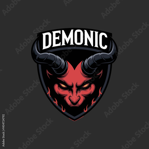 Aggressive Red Demonic Hell Mascot Esport Gaming Logo Illustration within Shield