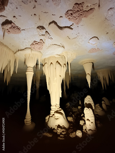 The underground cave has formations made of limestone, stalactites, and stalagmites