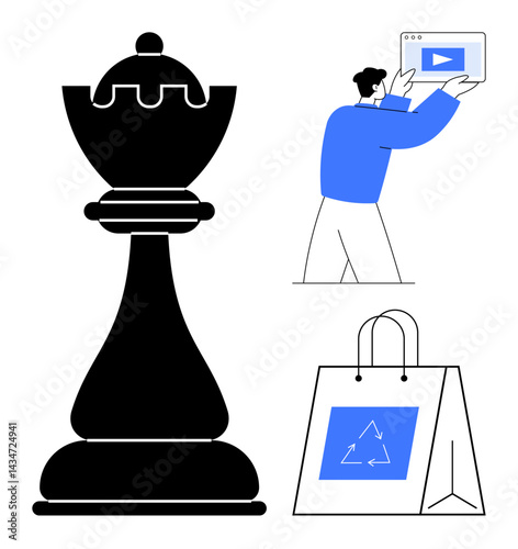 Chess piece represents leadership. Person interacts with digital screen for content, eco-friendly shopping bag conveys sustainability. Ideal for strategy, decision-making, business, marketing