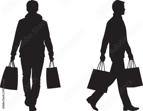 Silhouette Men Walking Shopping Bags Retail Vector Icon Set