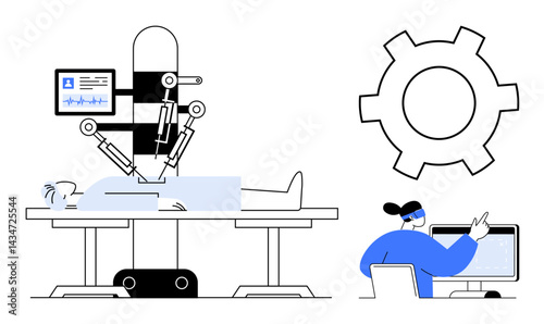 Surgical robot performing an operation on a patient while a doctor supervises using a computer. Ideal for healthcare, innovation, technology, robotics, medical AI, surgery, simple landing page