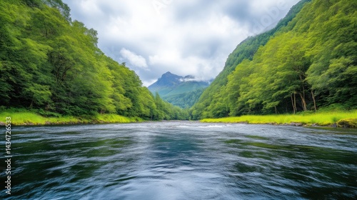 Serene river flowing through lush green valley, framed by mountains under a cloudy sky.