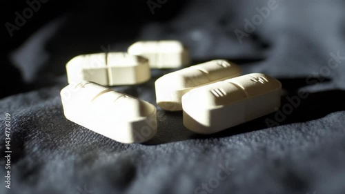 Five white oblong pills with score marks scattered on textured dark grey cloth under dramatic lighting and shadows