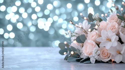Elegant bouquet of peach and white roses, accented with greenery and fairy lights, on a light gray surface, with a soft teal bokeh background.