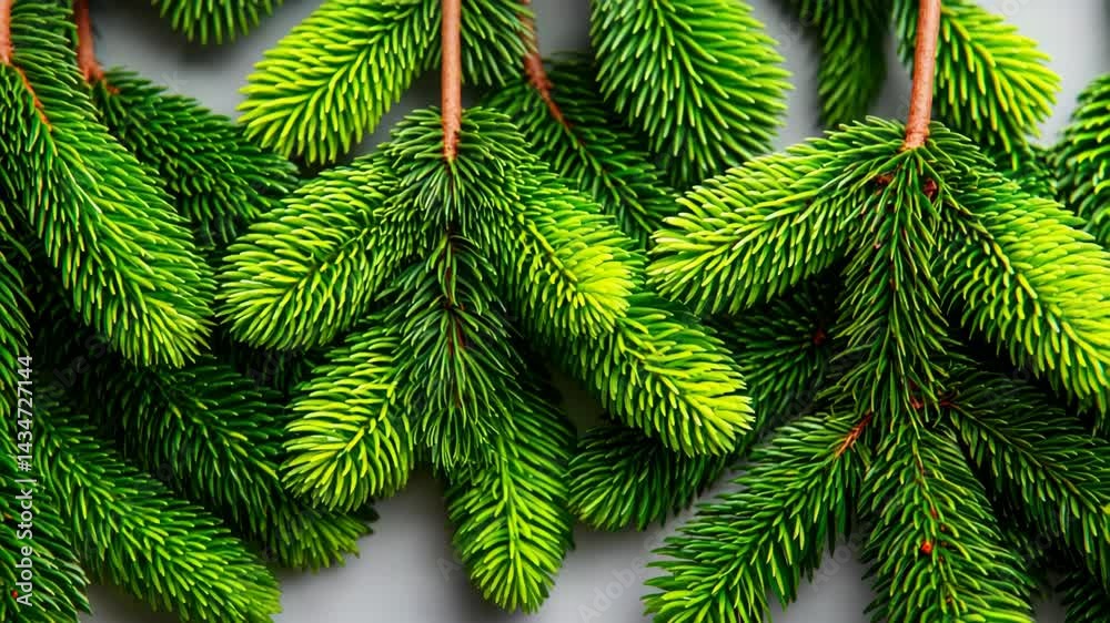 Close-up of vivid green fir tree branches with needles, detailed tree texture, natural pattern, coniferous evergreen foliage
