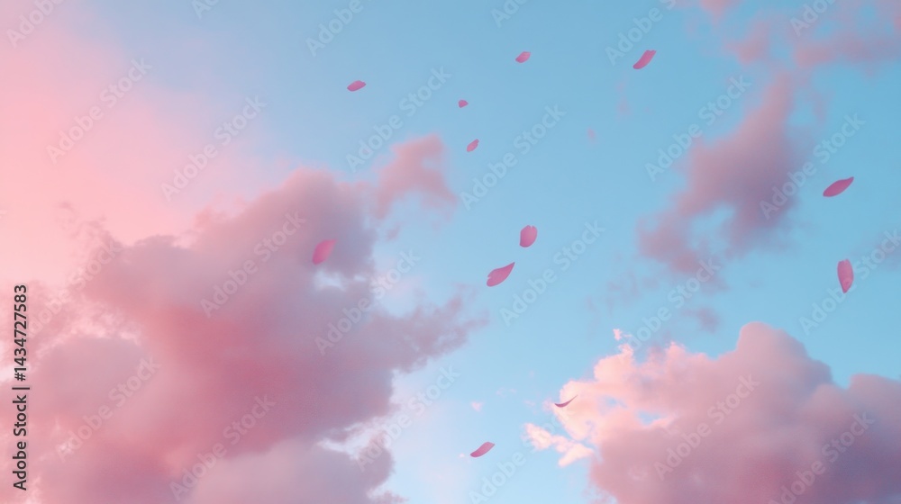 Fototapeta premium Pastel sky filled with floating pink petals and clouds.