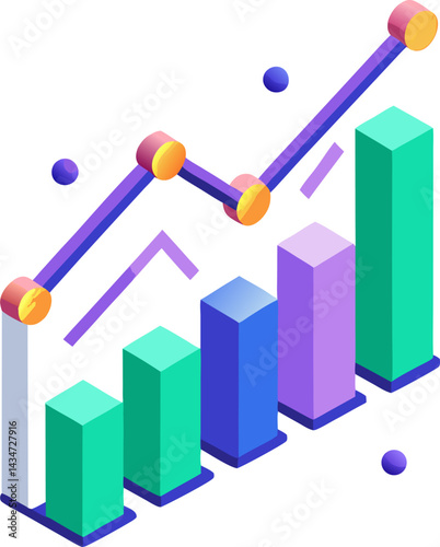 A colorful, isometric illustration displaying a bar chart with increasing heights and a line chart showing an upward trend, representing growth and data analysis.