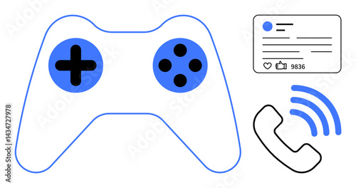 Game controller, social media post with thumbs ups and comments, and phone with wireless signal. Ideal for gaming, technology, social media, communication, entertainment, connectivity simple landing