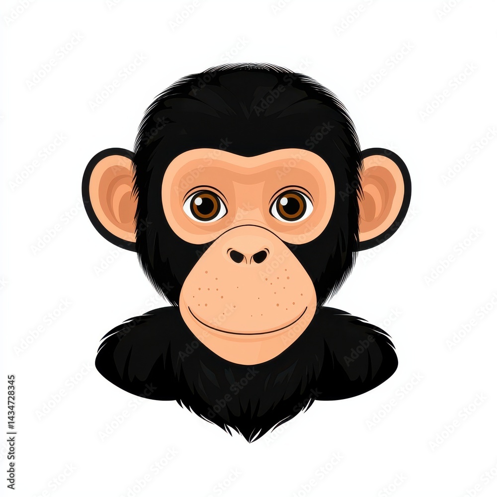 Obraz premium Cartoon illustration of a smiling monkey with dark fur, light brown face, and yellow eyes