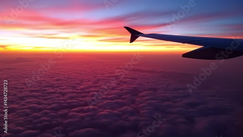 An aerial view of a vibrant sunrise seen through the window of an airplane.