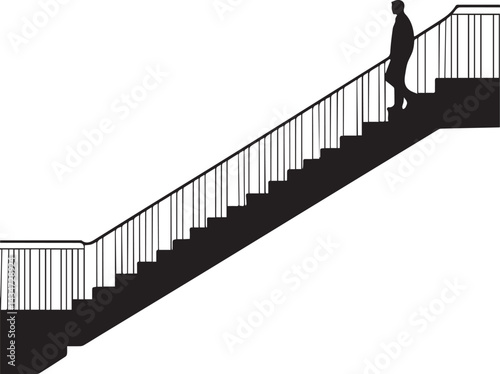 Silhouette of a Man Walking Upstairs on Staircase, Isolated Black Icon, Success and Career Concept