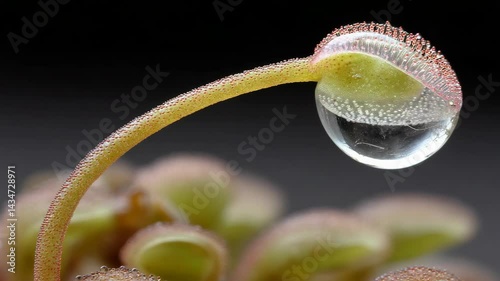 Close-up of a drosera plant showing tentacle-covered leaves with glistening mucilage droplets that attract insects for nutrient absorption on a dark background.