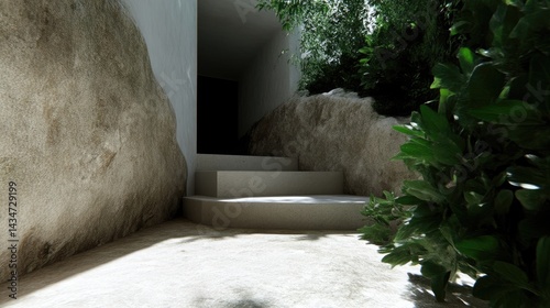Modern minimalist entrance nestled between natural rock and lush greenery.