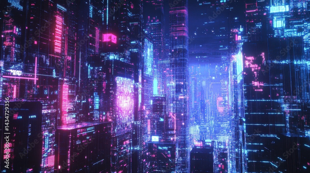 Obraz premium Neon-lit, futuristic cityscape of interconnected structures.