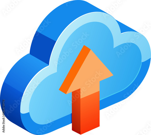 A stylized, isometric illustration of a blue cloud with an orange arrow pointing upwards, representing data upload or cloud storage.