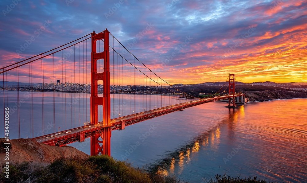 Fototapeta premium Golden Gate Bridge at sunrise, vibrant colors over water and cityscape