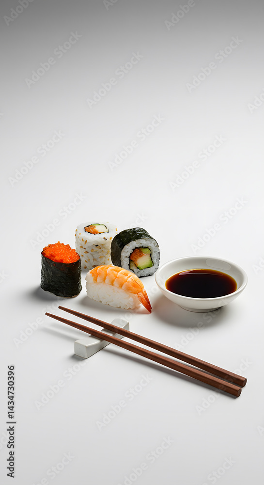 Minimalist sushi setup with chopsticks and dipping sauce on a clean white background Minimalist sushi setup with chopsticks and dipping sauce on a clean white background