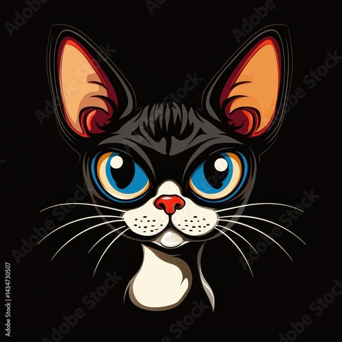 Cartoon illustration of a cat's face with large blue eyes and orange ears against a black background