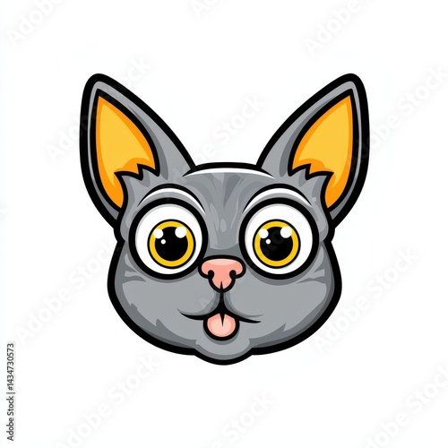 Cartoon illustration of a playful gray cat with yellow eyes and bright orange ears