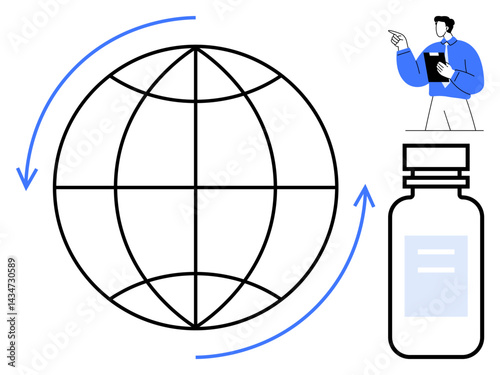 Globe icon with surrounding arrows, medical vial, and healthcare professional holding clipboard. Ideal for vaccine distribution, public health, logistics, medical research, global health