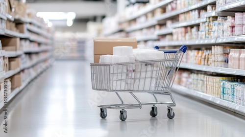Shopping cart filled with household goods sits in a supermarket aisle.
