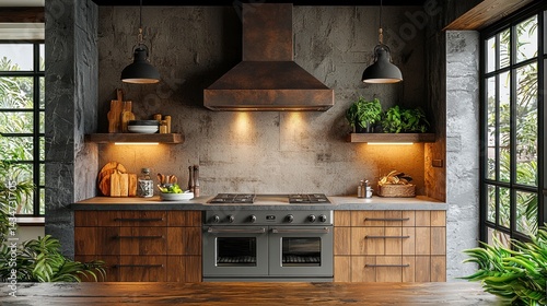 Realistic photography of modern kitchen with home range hood, wooden cabinets, and natural light showcasing a rustic design