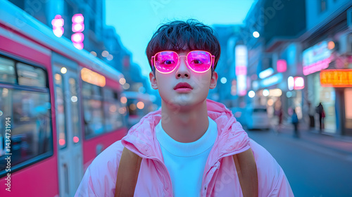 Young Man in Pink Jacket and Neon Sunglasses at Night in the City