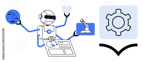 Humanoid robot multitasking with icons of legal scales, heart, robotic arm, and gears. Ideal for technology, AI, robotics, healthcare, automation innovation simple landing page