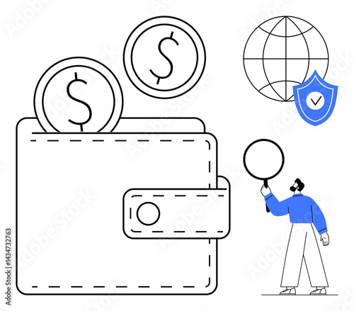 Wallet with coins, globe symbolizing global finance, shield for security, and person holding a circular object. Ideal for banking, fintech, savings, global trade, e-commerce investment simple