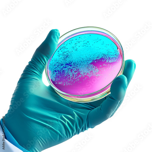 Scientist holding a petri dish with vibrant, colorful cultures in a laboratory setting, showcasing microbiological research