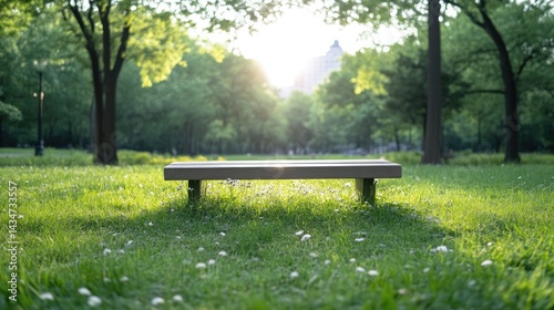 Empty park bench bathed in sunlight, surrounded by lush green trees and grass.