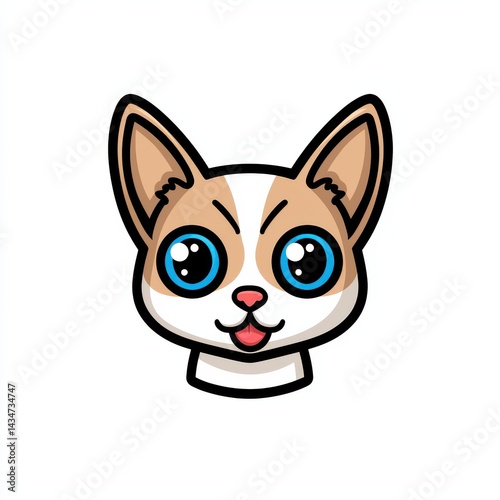 Cartoon cat face with blue eyes and white chin patch on white background