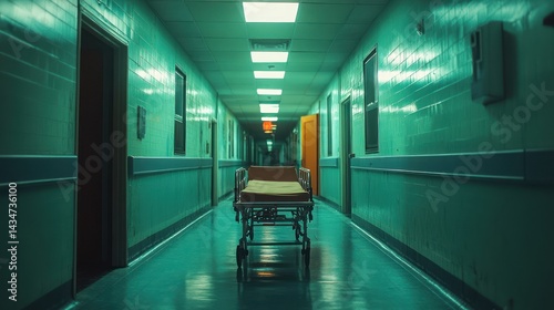 Empty hospital hallway, gurney, night, eerie