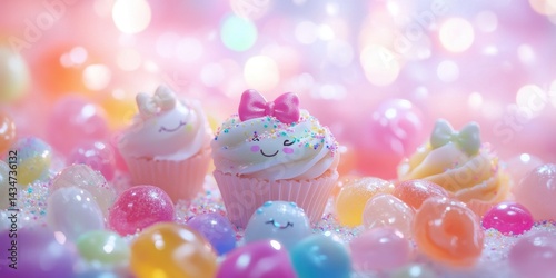 Pastel cupcakes and colorful candies in a sweet display.