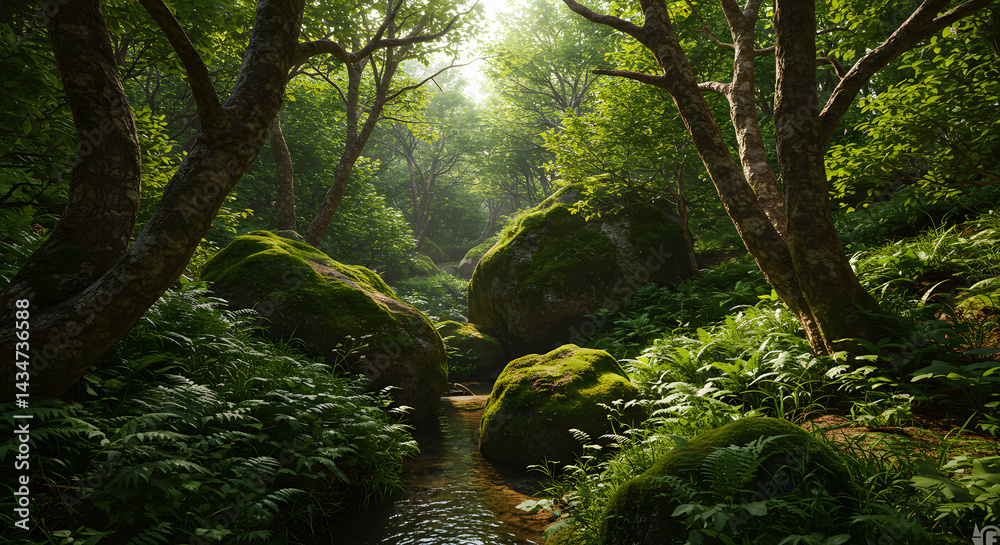 Fototapeta premium A quiet forest scene with a narrow stream cutting through mossy rocks