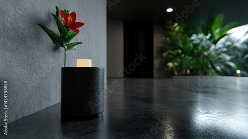 Modern interior design featuring a dark gray concrete countertop, a dark gray cylinder vase with a lit candle, and a red lily.