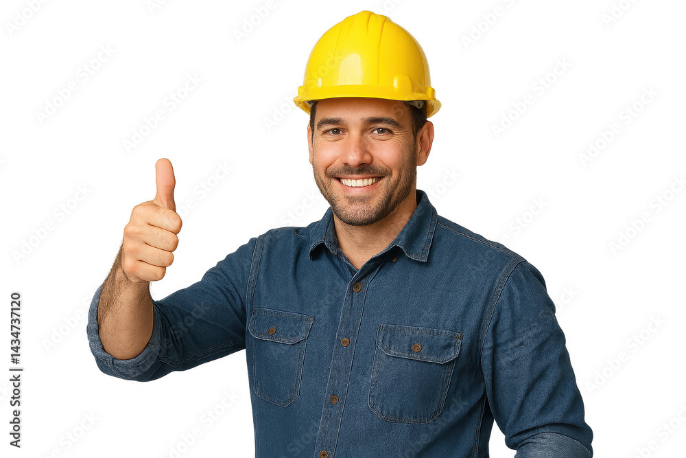 Smiling construction worker giving thumbs up wearing yellow hard hat and denim shirt. Isolated illustration Smiling construction worker giving thumbs up wearing yellow hard hat and denim shirt. Isolated illustration