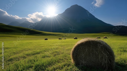 Sunlit mountain vista with hay bales in a verdant field.
