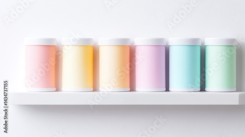 Six pastel-colored containers with white lids are arranged on a shelf against a white background.
