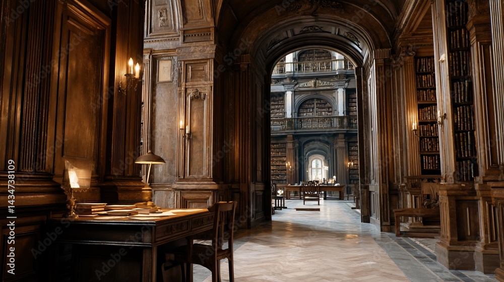 Fototapeta premium Grand antique library hall with arched walkways