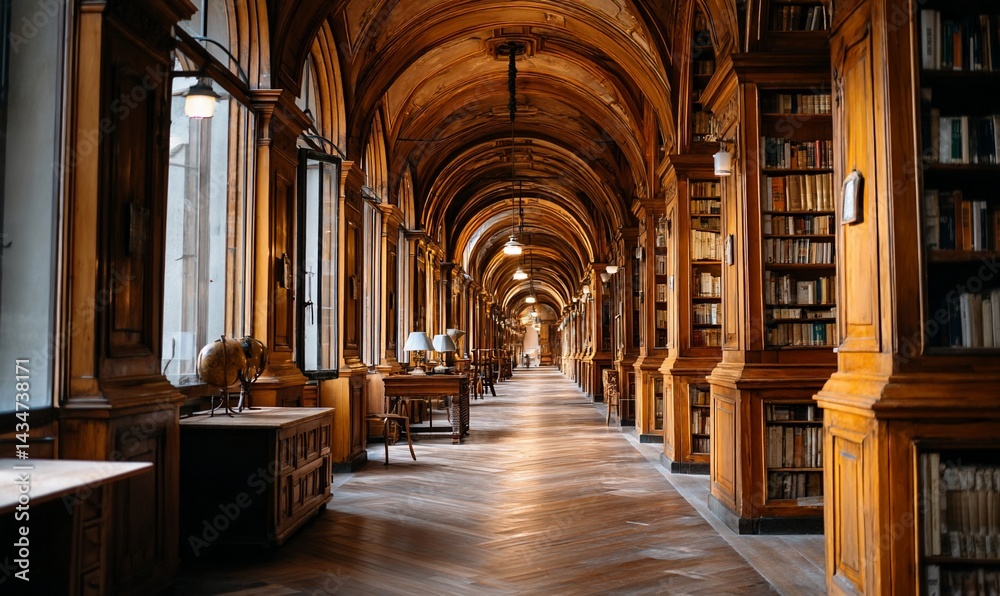 Fototapeta premium Grand, arched library hallway, lined with antique bookcases