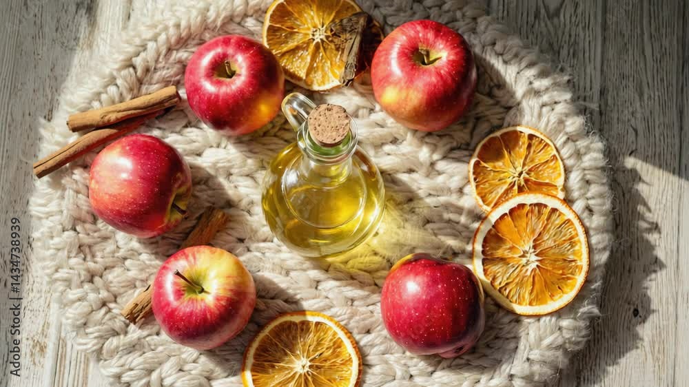Top view of a glass bottle filled with golden apple oil, surrounded by red apples, dried orange slices, and cinnamon sticks on a cozy knitted blanket, creating a warm, rustic, and seasonal atmosphere. Top view of a glass bottle filled with golden apple oil, surrounded by red apples, dried orange slices, and cinnamon sticks on a cozy knitted blanket, creating a warm, rustic, and seasonal atmosphere.
